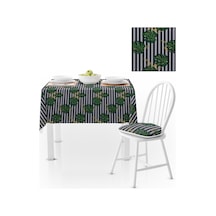 Yaprak Desenli Siyah Beyaz Çizgili Dijital Baskılı Petek Dokuma Masa Örtüsü 120x140
