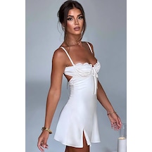 İnce Askılı Saten Mini Elbise - Beyaz Beyaz