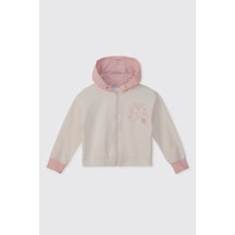 Panço Kız Çocuk Kapüşonlu Fermuarlı Baskılı Ekru Sweatshirt Krem 2621GK08007