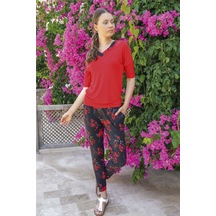 Kadın Kırmızı Çiçekli Pijama Takımı 10041 - M