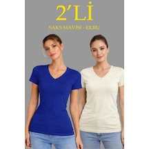 Efnaz Style 2li V Yaka Tişört Kısa Kollu Yazlık Slim Fit Body - Saks Mavisi - Ekru Çok Renkli