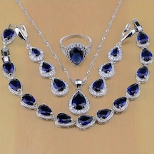 Novahub Mavi Gümüş Renk Takı Mavi Kübik Zirkonya Takı Setleri Kadınlar Için Küpe Kolye Yüzük Bilezik 8.5 Mavi