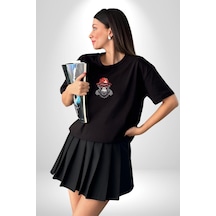 Kırmızı Şapkalı Gözlüklü Maymun Siyah Oversize Unisex Ön Orta Minimal Baskılı Tişört Siyah