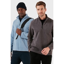 Buratti Slim Fit Yarım Fermuarlı Yumuşak Dokulu Şardonlu 2'Li Paket Erkek Polar 59060011S2 Füme-Koyu Mavi