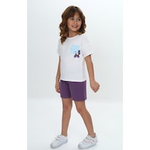 Toontoy Kids Toontoy Kız Çocuk Göğsü Çiçek Yazı Baskılı Şortlu Takım Mor
