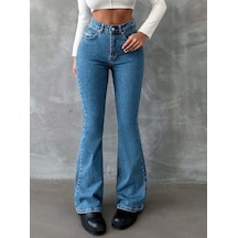 Herton Yüksek Bel İspanyol Paça Jean Pantolon - Eskitme Detaylı Full Pamuklu Flare Denim Koyu Mavi