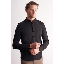 İmza Siyah Uzun Kol Düğmeli Yaka Kendinden Desenli Pamuklu Slim Fit Gömlek 1004255267 Siyah