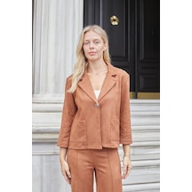 Kadın Yakalı Rahat Kesim Uzun Kol Hafif Likralı Süet Kumaş Düğmeli Cepli Blazer Ceket-taba Taba