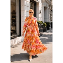 Hb Harma Time Butik Kadın Düğmeli Desenli Modal Kumaş Turuncu Elbise Orange Orange