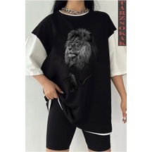 Startmore Siyah Oversize Çift Renk Aslan 3 Baskılı Unisex Tshirt Beyaz