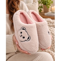 Modafrato Fluffy Ayıcık Desenli Kadın Ev Terliği Kışlık Yünlü Terlik Ses Yapmayan İçi Yünlü Günlük Rahat Terlik Pudra