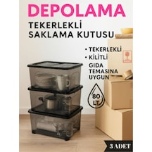 Kilitli Saklama Kutusu Tekerlekli 80 Litre 3 Adet Saklama Kabı Düzenleyici Siyah