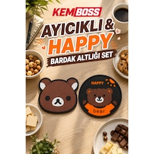 Kemboss Ayıcık Ve Happy Ayıcık Bardak Altlığı Seti 4'lü - Pvc Kaydırmaz Bardak Altlığı 2 Ayıcık + 2 Happy Ayıcık Çok Renkli