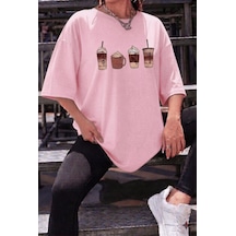 Coffee Lover Baskılı Unisex Oversize T-shirt - Büyük Beden Seçenekli Pembe