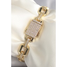 Pirinç Gold Renk Zirkon Taş Detaylı Kare Zincir Model Xuping Vıp Exculusive Seri Kadın Bileklik - Tj-bb6747 - Popvitrin Çok Renkli
