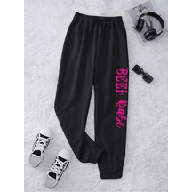 Letter Graphic Drawstring Waist 4 Mevsim Eşofman Siyah