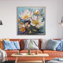 Yağlı Boya Dokulu Tablo Soyut Modern Beyaz Çiçekler Altın Çerçeveli U02032-178886