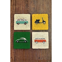 Doğal Taş Bardak Altlığı 4'lü Set 10x10x1 Cm Araba Ve Motor Baskılı-stone Coasters Çok Renkli