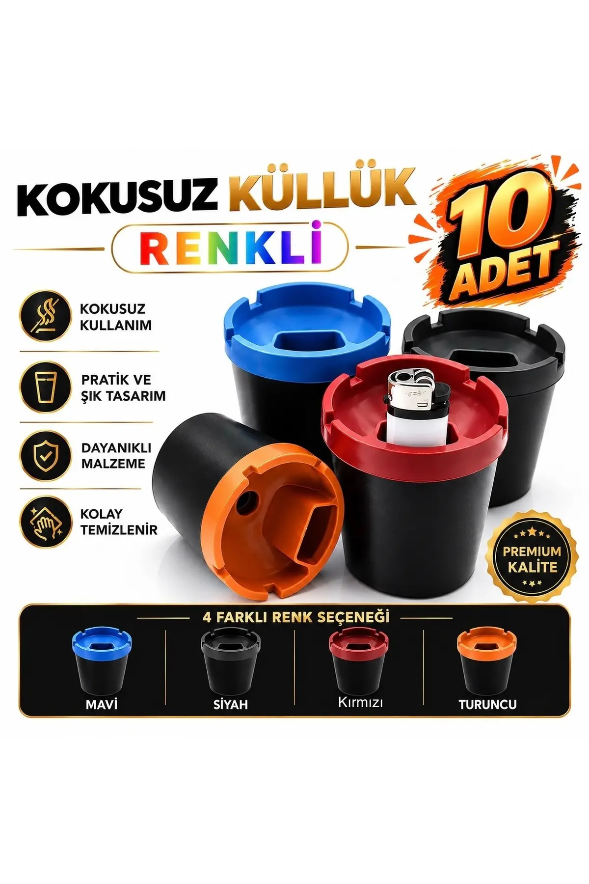 10 Adet Araç İçi Çakmaklıklı Küllük Renkli