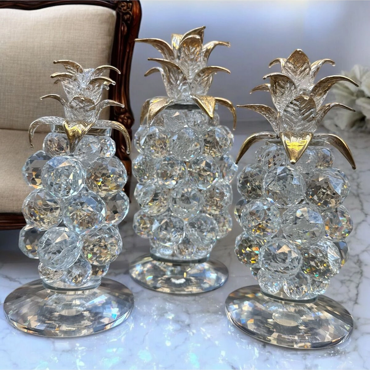 Dekoratif Kristal Cam Üçlü Ananas Set Şeffaf Gold
