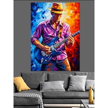 Ahşap Tablo Mavi Şapkalı Elektro Gitar Çalan
