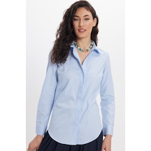 Tudors Kadın Slim Fit Dar Kesim %100 Pamuk Spor Yaka Gizli Pat Uzun Kollu Düz Oxford Leke Tutmaz Mavi Gömlek-46434