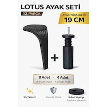 Lotus 19 Cm Ayak Seti Siyah 12 Parça Robot Süpürgeye Uyumlu Koltuk Mobilya Dolap Baza Ayağı Siyah