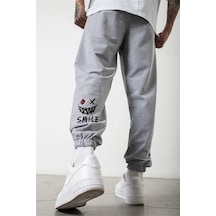 Smile Face Gri Jogger Ince Eşofman Altı - Paça Baskı Detaylı Lastik Paça Baskılı Rahat Tarz Gri