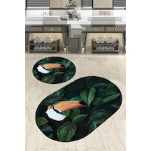 Yeşil Yapraklı Banyo Halısı Klozet Oval Paspas Seti Bs088n11