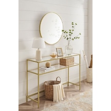Modern 2 Katlı Gold Renk Metal İskeletli Şeffaf Temper Camlı Raf Dresuar Konsol