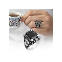 Kartal Motifli Kare Siyah Taşlı 925 Gümüş Erkek Yüzük