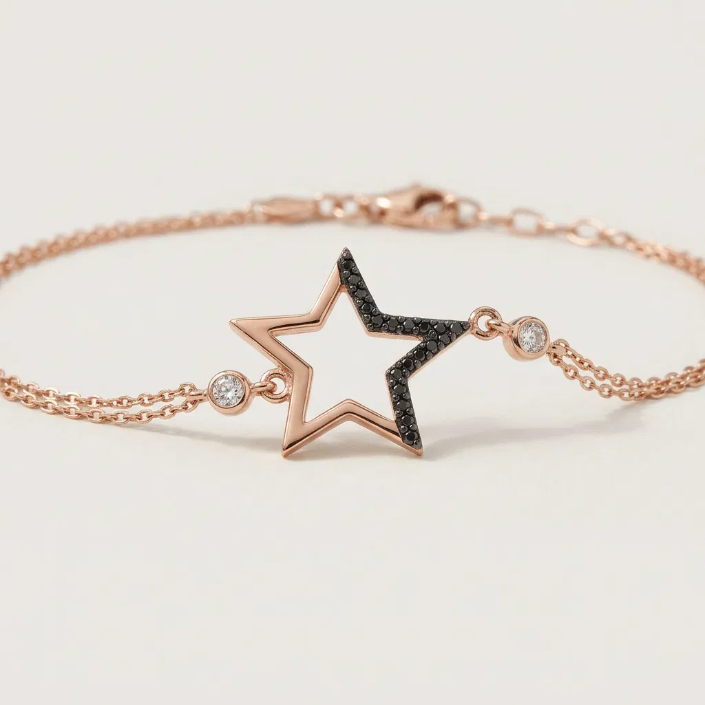 925 Ayar Gümüş Siyah Taş Detaylı Yıldız Figürlü Rose Gold Kadın Bileklik