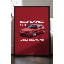 Honda Civic Siyah Ahşap Çerçeveli Poster, Dekoratif Jdm Araba Duvar Tablosu