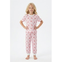 Bunny Hopp Kiraz Desenli Çizgili Kısa Kollu Kız Çocuk Pijama Takımı - %100 Pamuklu Pembe Uyku Seti Pembe - Beyaz