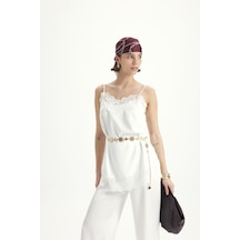 Mai Collection Mai Studios Co. Maris Dantel Detay Beyaz Saten Pantolon Takım Beyaz