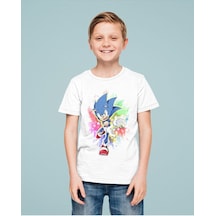 Sevbano Tasarım Sonic Baskılı Unisex Çizgi Film Çocuk Tişört 1-12 Yaş Beyaz