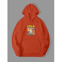 Harmandar 3 İplik Catzilla Baskılı Turuncu Kanguru Cepli Kapüşonlu Sweatshirt Hoodie Catzillaturuncusweat