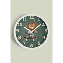 Kaykay Yapan Sevimli Aslan Çocuk Odası Modern Duvar Saati - 42cm - Önü Camlı Beyaz Kasa Beyaz