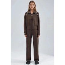 Fiolin Modal Dokulu Fermuarlı Sweatshirt & Pantolon İkili Takım Kahve Rengi