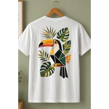 Spoyi Tropik Tukan Tasarımlı %100 Pamuk Yarım Oversize Beyaz T-shirt