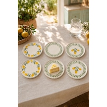 Yeşil Limon 6 Lı Seramik Pasta Ve Servis Tabağı Seti 20 Cm Limon Desenli Akdeniz Sofra Takımı Beyaz