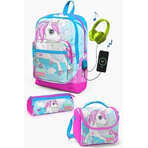 Coral High Kids Mavi Neon Pembe Unicorn Desenli Usb'li 3 Lü Okul Çanta Seti Set0123811