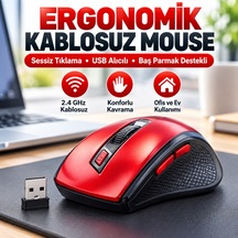 Kırmızı Renkli Baş Parmak Destekli Ergonomik Sessiz Kablosuz Mouse Usb Alıcılı, Ofis Ve Oyun İçin Konforlu Bilgisayar Faresi Ms6300 Açık Mavi