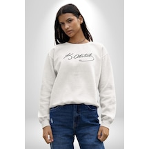 Kemal Atatürk İmzası Unisex Beyaz Baskılı Sweatshirt Beyaz