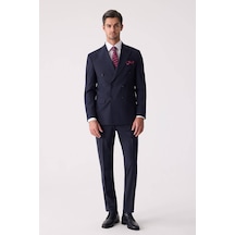 Erkek Lacivert Çizgili Slim Fit Kruvaze Takım Elbise