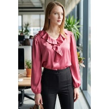 Armonika Kadın Koyu Pembe Yakası Fırfırlı Omuzu Büzgülü Kolu Lastikli Pamuk Saten Bluz Arm-22k001059