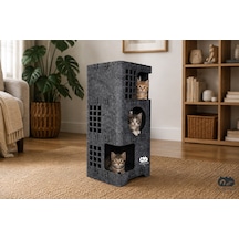 Keçe Kedi Evi Demonte, Yıkanabilir, Taşınabilir Kedi Kulübesi Ketoki 3katlı Gri