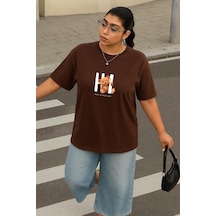 Büyük Beden Ayıcık Baskılı Unisex Tişört Kahverengi
