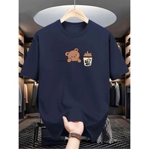 Bear Bubble Tea Baskılı Oversize Süprem T-shirt Lacivert-282857