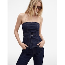 Koton Kolsuz Pamuklu Straplez Yaka Kemer Detaylı Denim Bluz Koyu İndigo 6sal30015md Dark Indigo